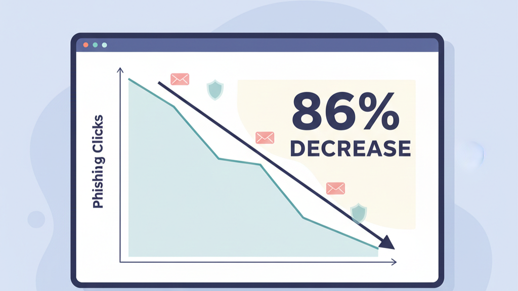 Security Awareness Training Management dashboard displaying reduced phishing clicks and performance metrics.