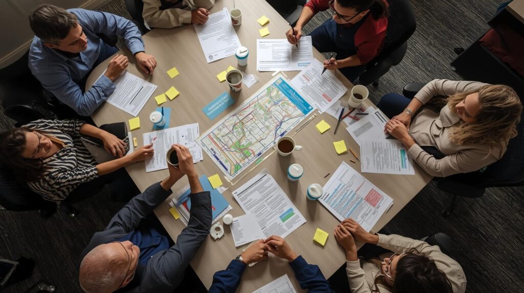 Team collaborating on ICS incident response planning with documents and emergency procedures at table