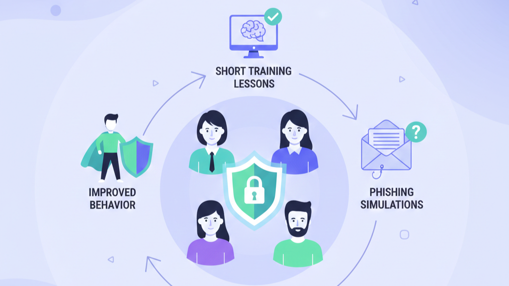 Security Awareness Training Management illustration showing phishing simulations, micro-learning, and improved behavior.
