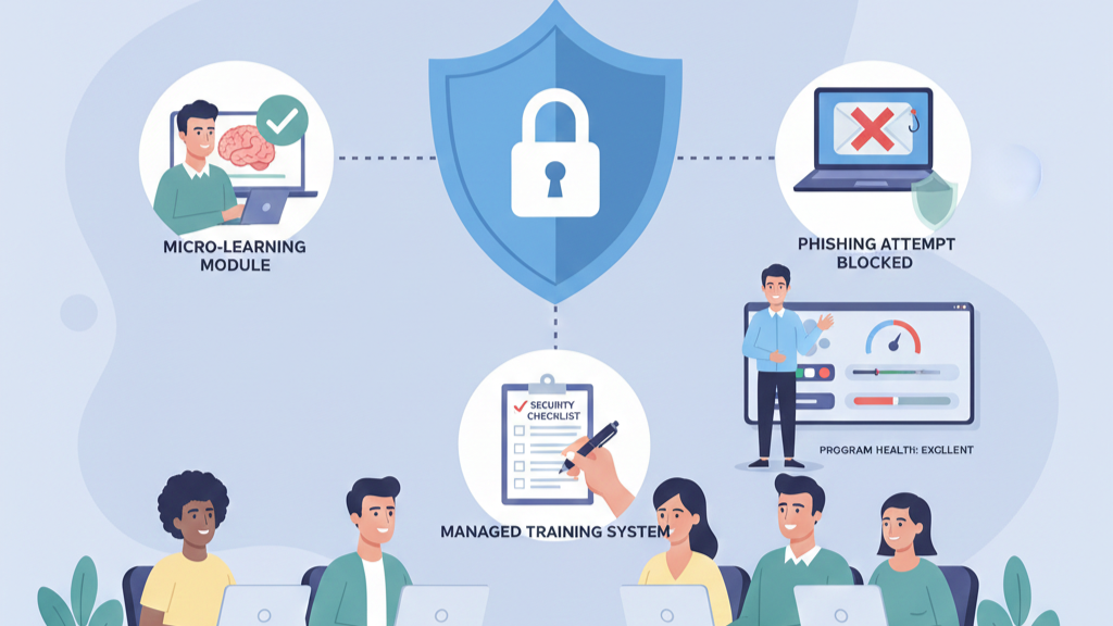 Security Awareness Training Management system with shield icon, checklist, and phishing attempt blocked visuals.