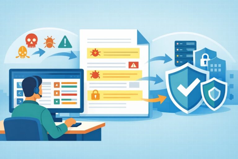 alt text: Interpreting penetration test results visualized by a cybersecurity analyst reviewing risks and remediation progress