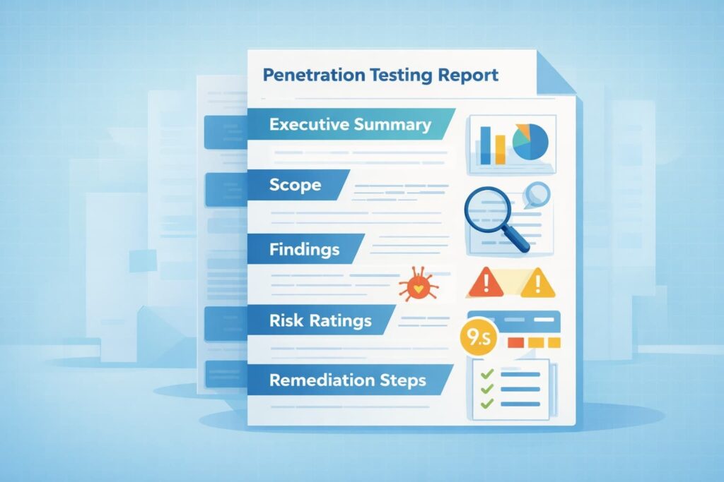 Interpreting penetration test results where vulnerabilities flow into stronger security controls and protected systems