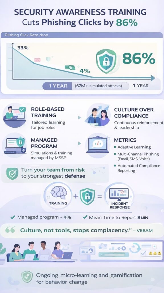 Vertical infographic showing Security Awareness Training cutting phishing clicks from 33% to 4% (86% reduction) with charts, metrics dashboard, training icons, and culture-focused security messaging.