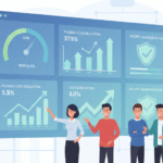 Team analyzing a dashboard for measuring security awareness effectiveness with rising trend charts.