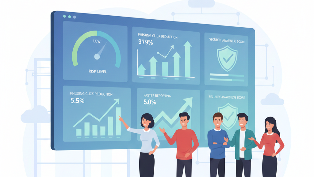 Team analyzing a dashboard for measuring security awareness effectiveness with rising trend charts.