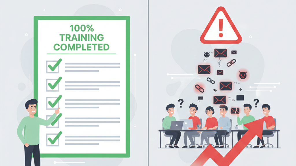 Flat vector illustration of a digital shield and metrics measuring security awareness effectiveness.
