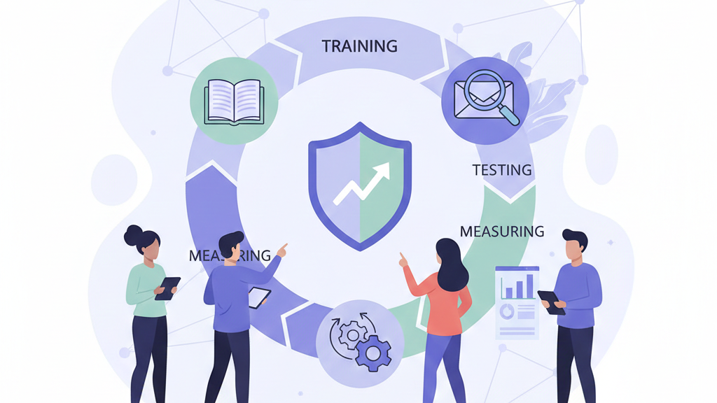 A circular improvement loop showing stages for measuring security awareness effectiveness in a modern office.
