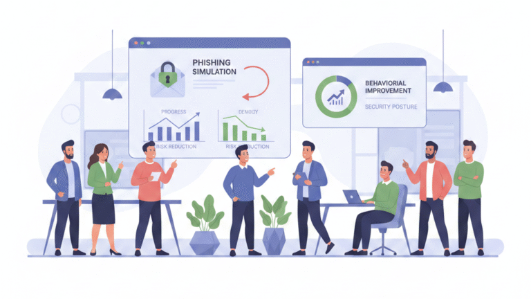 Choosing awareness training platform visual of team reviewing phishing simulation results and behavior improvement