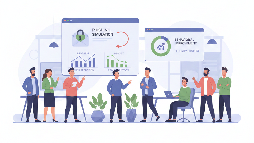 Choosing awareness training platform visual of team reviewing phishing simulation results and behavior improvement