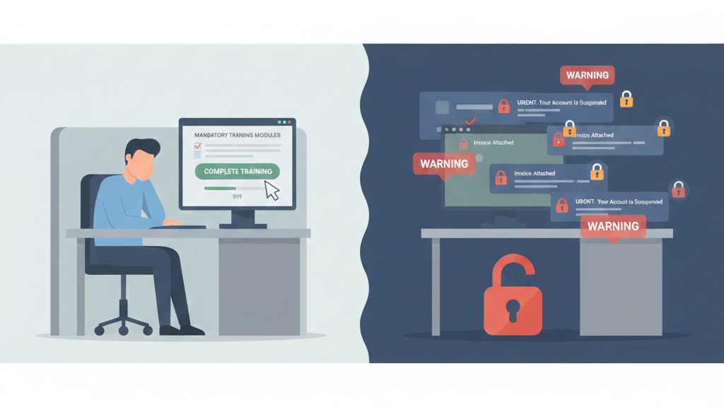 Choosing awareness training platform shown with ineffective checklist training versus rising phishing threats
