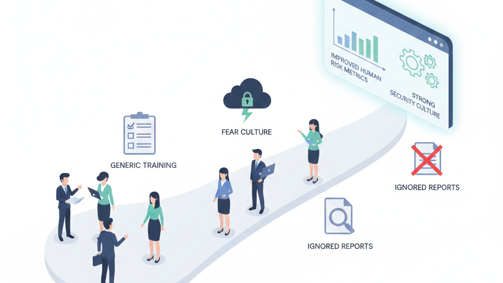 Choosing awareness training platform illustrated by employees improving risk metrics and building strong security culture