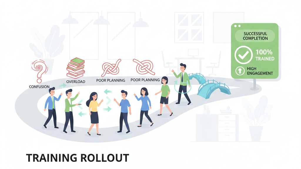 Vector art of employees navigating a clear path by customizing training content roles to avoid learning obstacles.