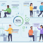 Diverse team using dashboards for customizing training content roles with progress charts and checkmarks.