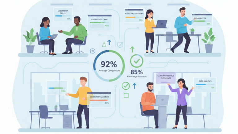 Diverse team using dashboards for customizing training content roles with progress charts and checkmarks.