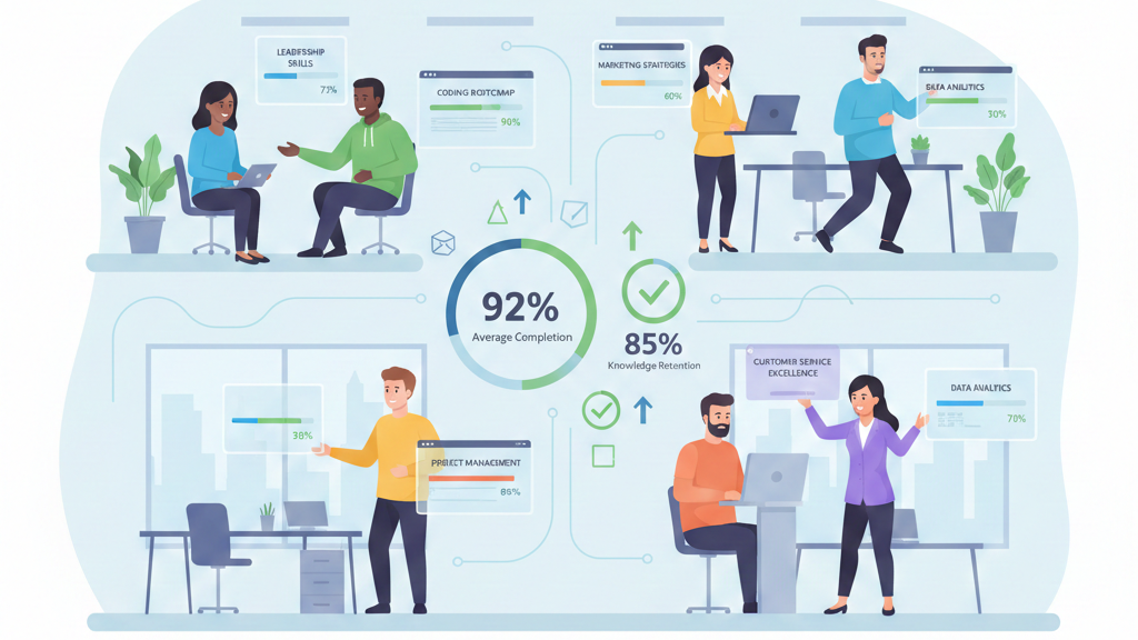 Diverse team using dashboards for customizing training content roles with progress charts and checkmarks.