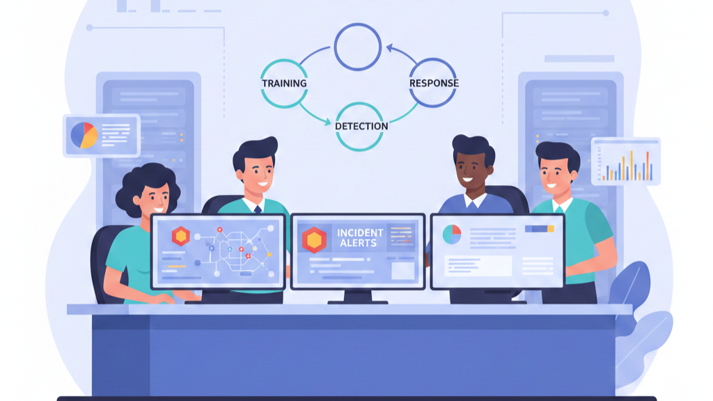 Vector of a security ecosystem integrating training incident response via a central dashboard and tool icons.