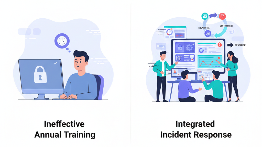 Flat illustration showing a cybersecurity toolkit integrating training incident response with a modern dashboard.