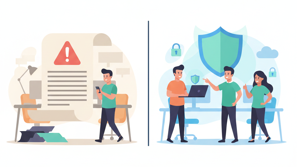 Split-scene showing engaged employees over rigid policy, building security culture organization via mindset.