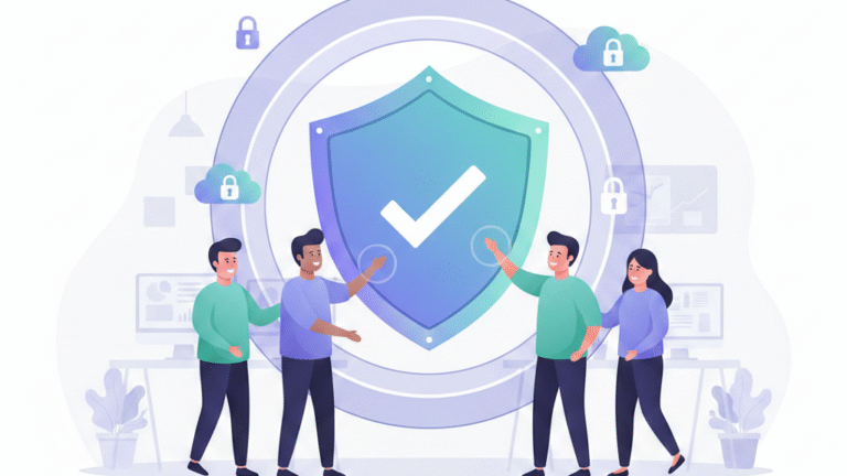 Diverse team collaborating around a digital shield, building security culture organization through teamwork.