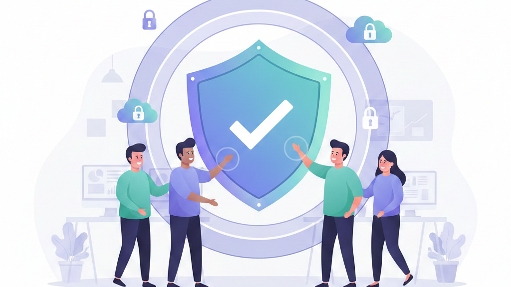 Diverse team collaborating around a digital shield, building security culture organization through teamwork.