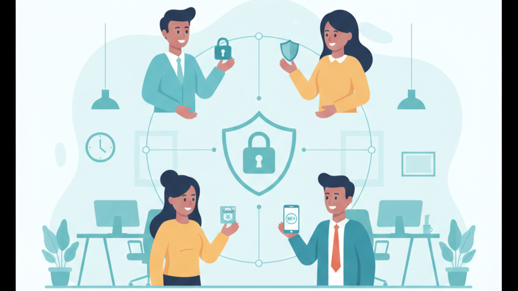 Employees from various departments holding security icons, building security culture organization as a network.