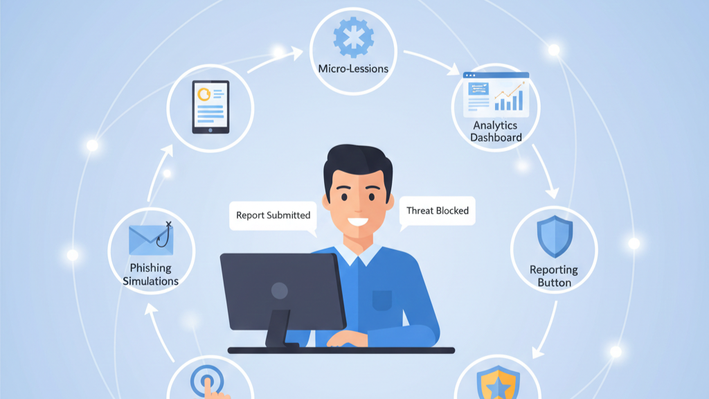 Circular diagram of a learning ecosystem depicting the cycle of ongoing security education reinforcement.