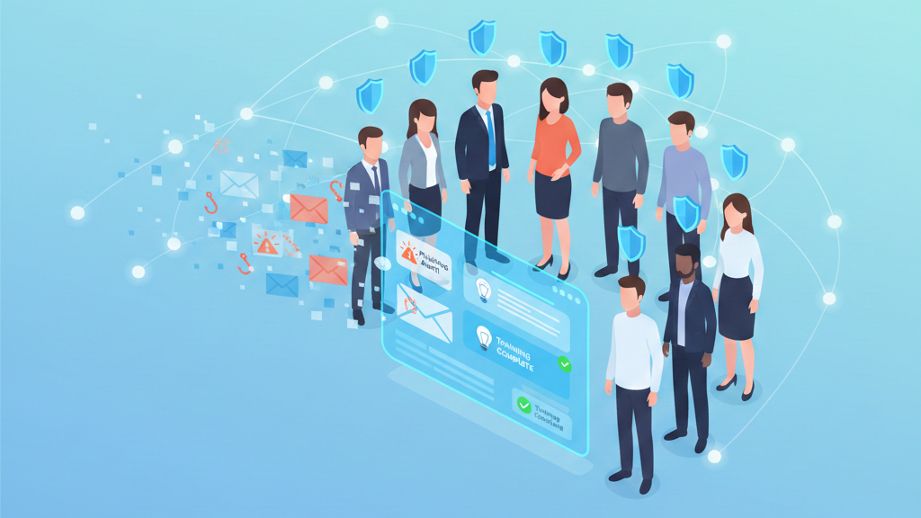 Diverse team forming a shield to show ongoing security education reinforcement against digital threats.