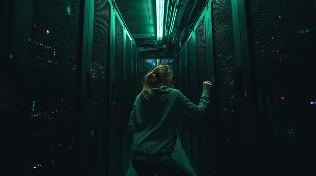 IT specialist in server room working on configuring waf policies rules for network security infrastructure