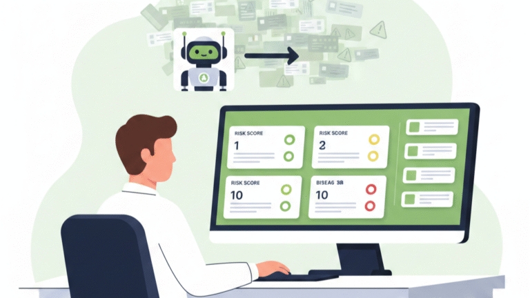 Flat vector illustration of a security analyst using an AI-driven alert triage prioritization process to filter chaotic signals into an organized, risk-scored dashboard.