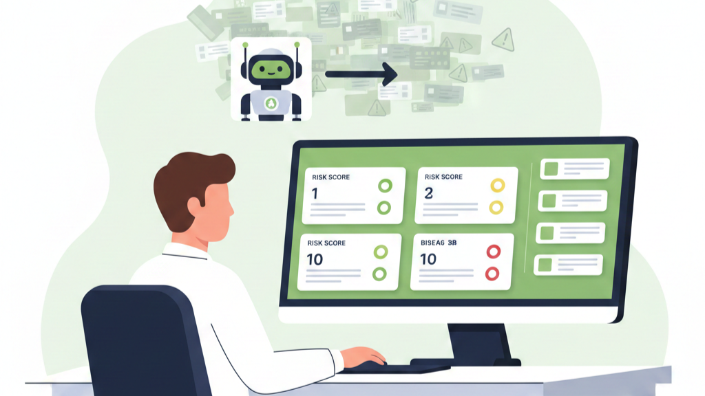 Flat vector illustration of a security analyst using an AI-driven alert triage prioritization process to filter chaotic signals into an organized, risk-scored dashboard.