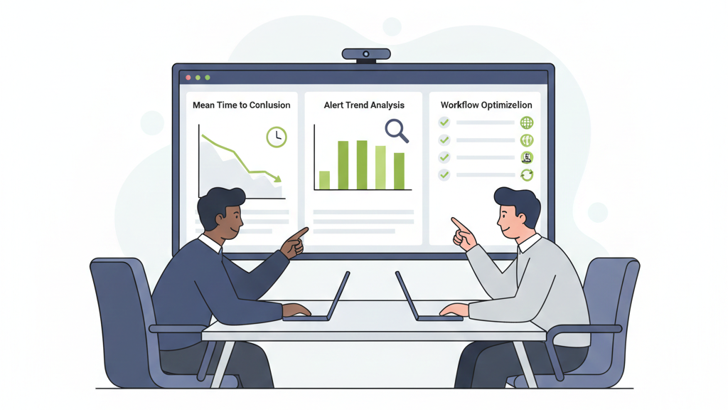 A professional dashboard view showing the results of a continuous alert triage prioritization process, featuring performance charts like Mean Time to Conclusion and alert trends.