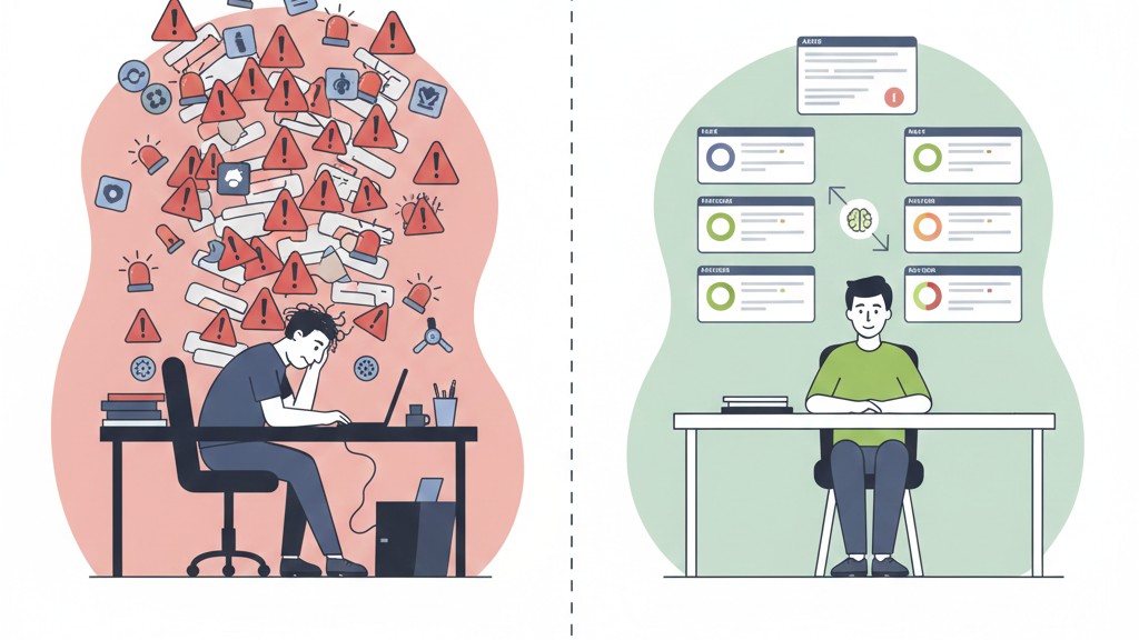 A split-scene illustration contrasting a chaotic FIFO queue with a streamlined alert triage prioritization process that uses color-coded risk indicators for MSSP efficiency.