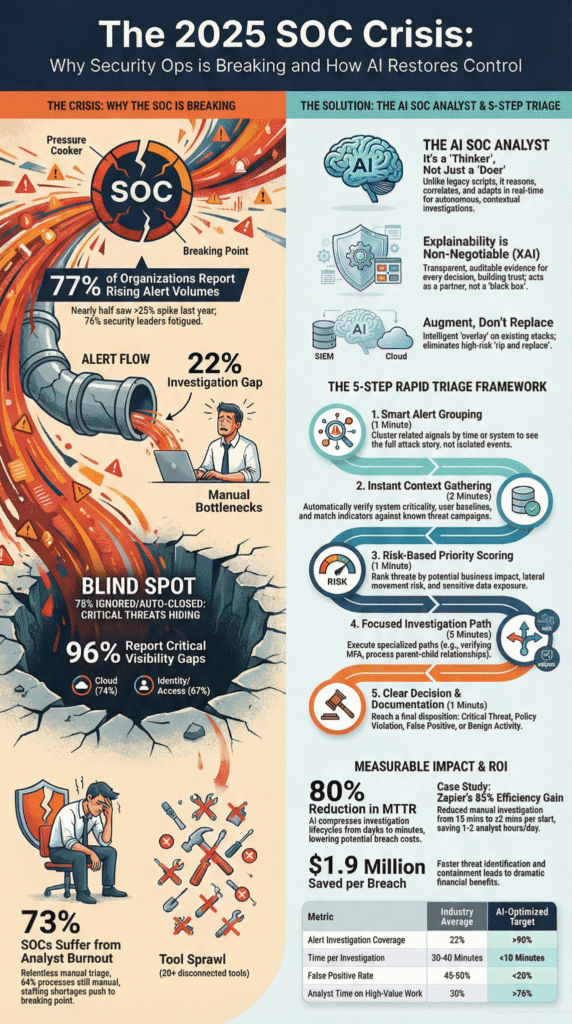 Minimalist 2D scene of a collaborative SOC team reviewing an optimized alert triage prioritization process on a large screen with clear checklist milestones.