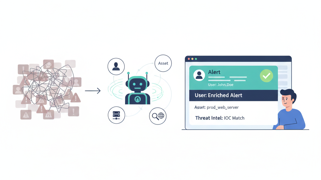 Minimalist illustration of an AI engine enriching security data as part of an mssp alert handling process review to provide analysts with actionable context.