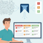 Flat vector illustration of a modern SOC dashboard highlighting an mssp alert handling process review that successfully cut response times through risk-based prioritization.