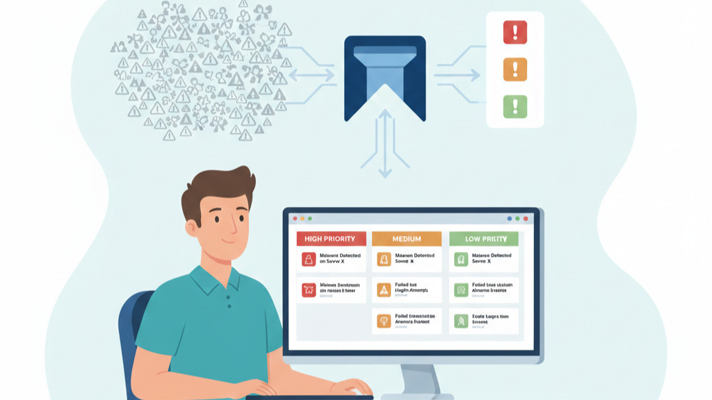 Flat vector illustration of a modern SOC dashboard highlighting an mssp alert handling process review that successfully cut response times through risk-based prioritization.