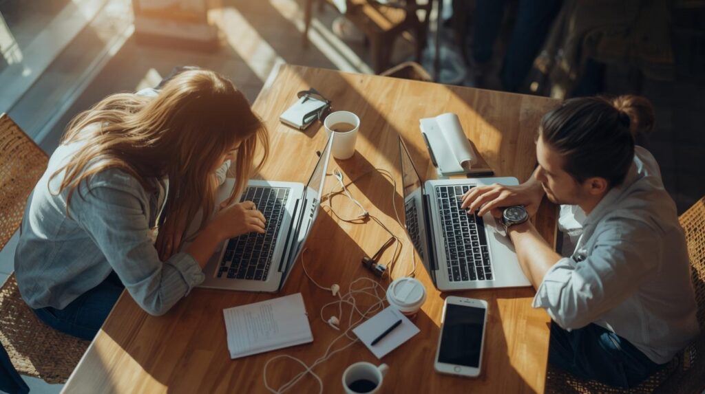Overhead view of two professionals working on laptops configuring waf policies rules at wooden table with coffee