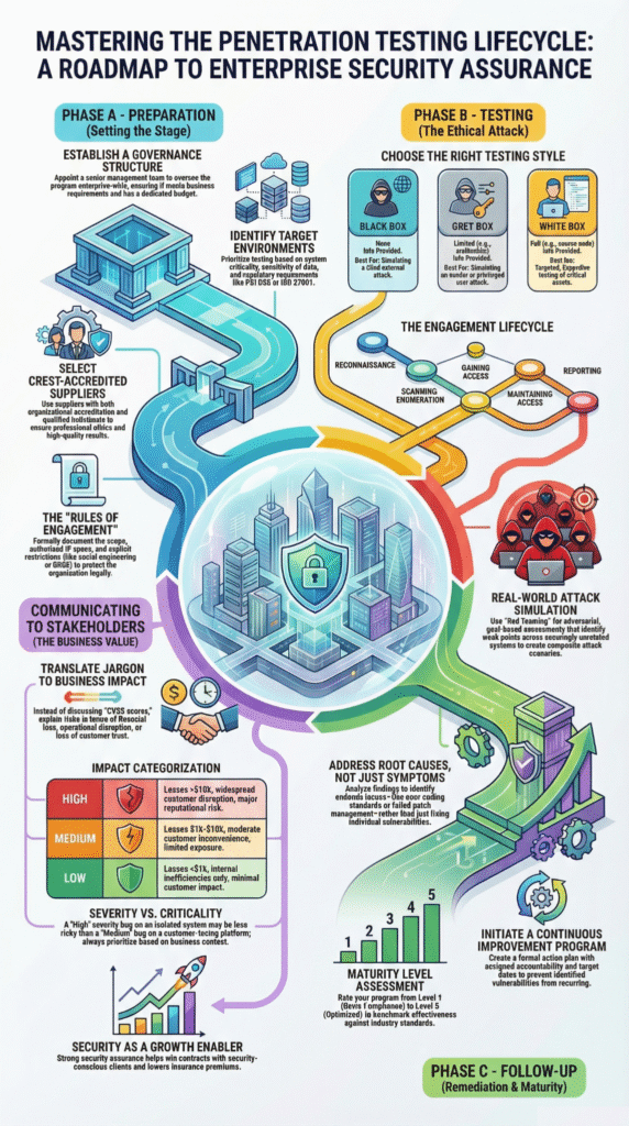Penetration Testing Coordination roadmap showing structured security planning from preparation to remediation