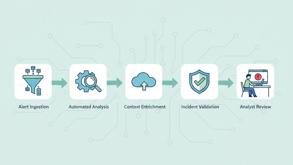 A step-by-step visual diagram of the MSSP alert triage process explained through five stages: ingestion, automated analysis, context enrichment, incident validation, and analyst review.