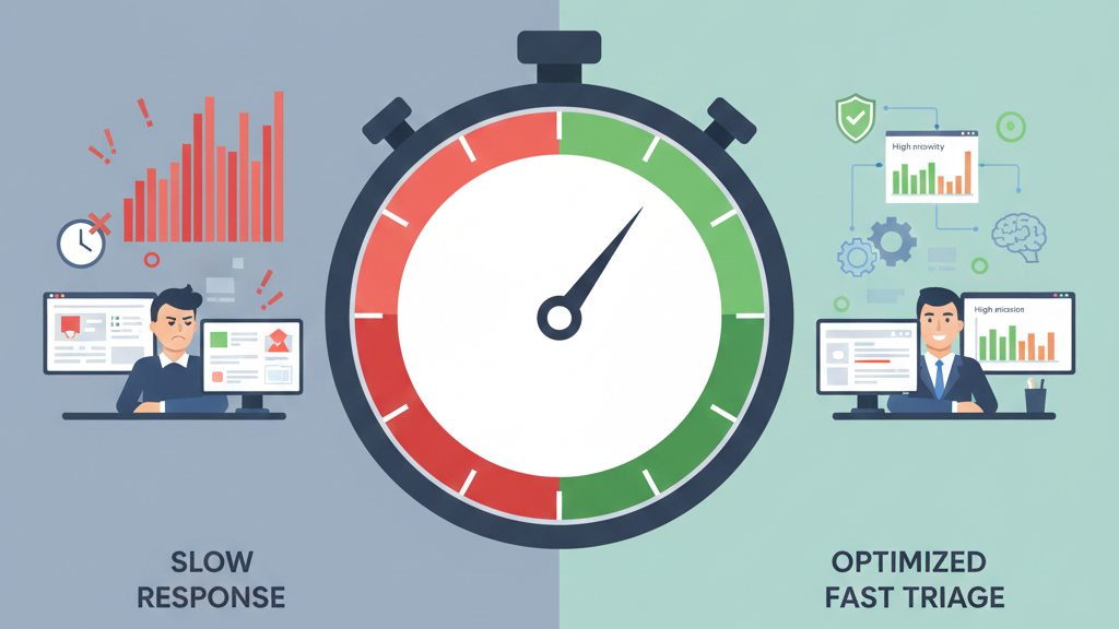 A split-scene comparison showing the MSSP alert triage process explained by contrasting a slow, manual alert queue with an optimized, automated triage workflow that reduces response times.