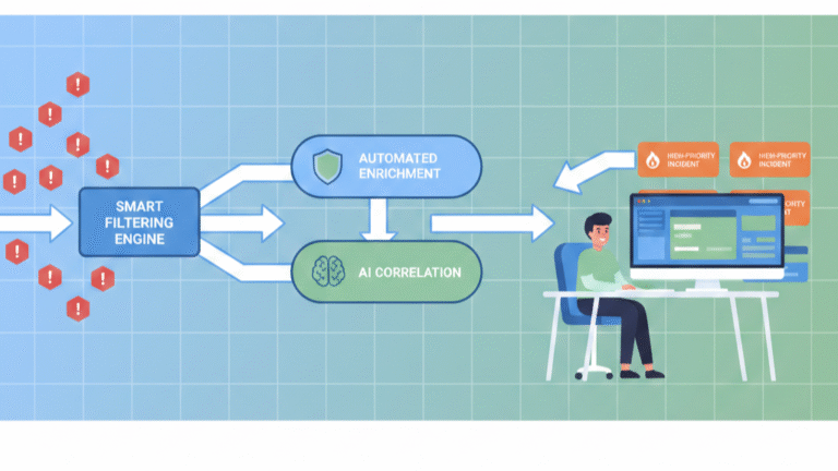 A clean 2D vector illustration of the MSSP alert triage process explained via a horizontal pipeline, showing red alerts being filtered and enriched into high-priority incidents for an analyst.