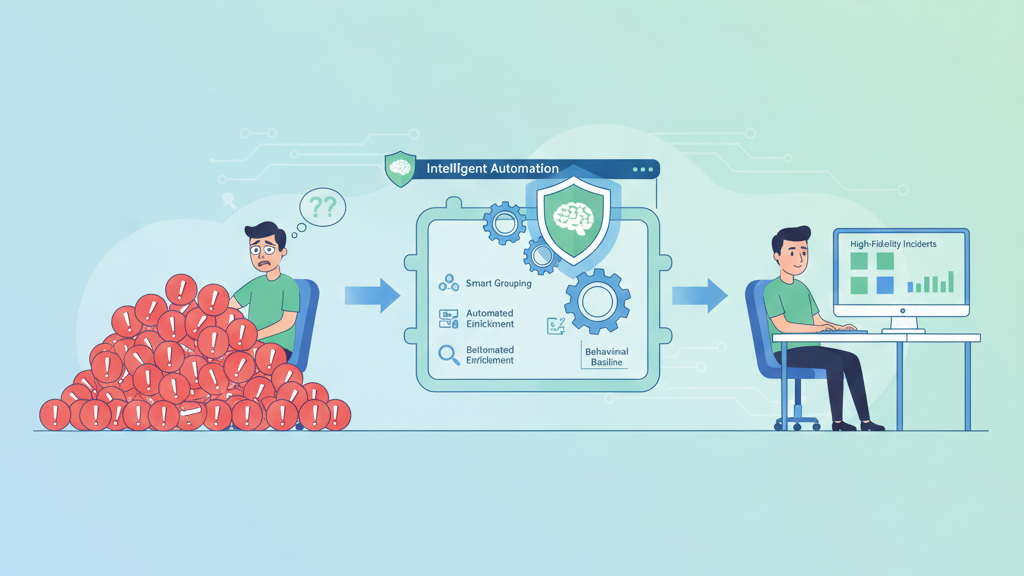 A modern SaaS-style illustration of the MSSP alert triage process explained, highlighting how an intelligent automation engine groups noisy alerts into a small set of high-fidelity incidents.