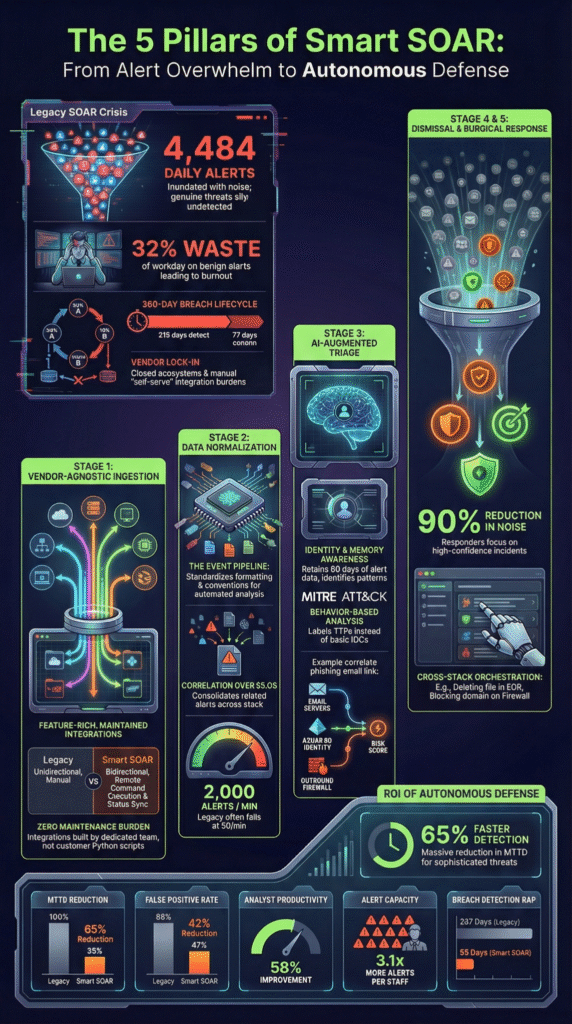 A professional infographic of the MSSP alert triage process explained, featuring a security analyst at a minimalist workstation reviewing validated alerts processed by AI correlation modules.