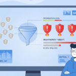 Flat vector illustration of a modern SOC dashboard showing how security alerts are prioritized by filtering a large volume of gray icons through a funnel into a few high-priority red alerts.