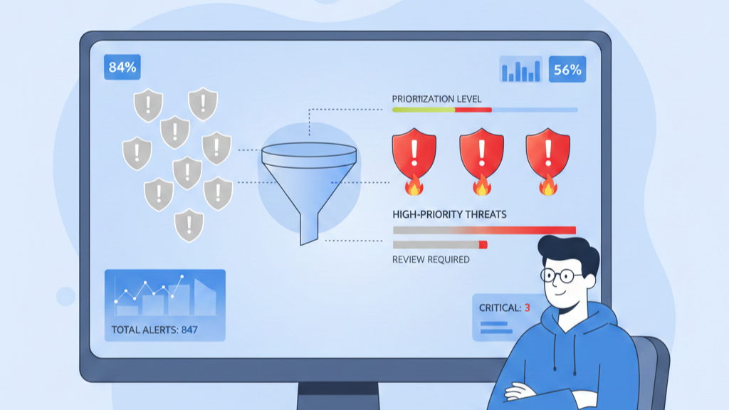 Flat vector illustration of a modern SOC dashboard showing how security alerts are prioritized by filtering a large volume of gray icons through a funnel into a few high-priority red alerts.