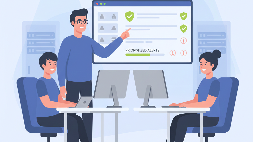 A clean, minimal vector graphic of a calm security analyst reviewing a streamlined monitor that demonstrates how security alerts are prioritized using risk scoring and clear visual highlights.