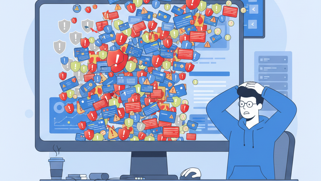 A professional 2D illustration of a security analyst experiencing alert fatigue from a wave of notifications, highlighting the urgent need for how security alerts are prioritized to reduce overwhelm.