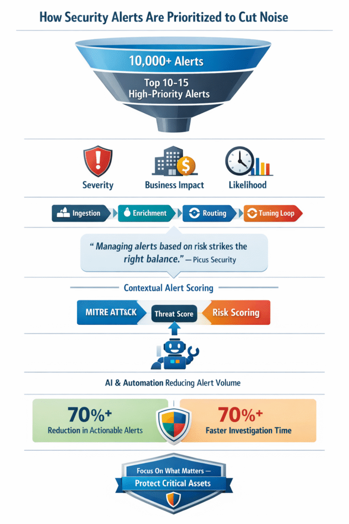 A collaborative security team in a modern SOC environment looking at an organized dashboard that shows how security alerts are prioritized with green checkmarks and a focused incident response workflow.