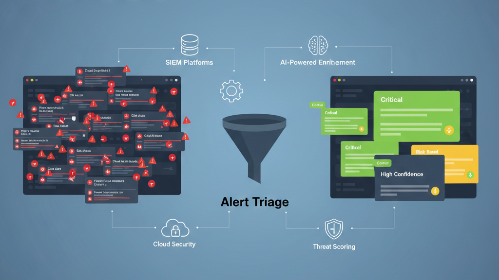 A clean vector illustration of a security workstation featuring three monitors. The transition from an overloaded screen of red icons to a simplified, prioritized dashboard and a downward-trending "Alert Noise" graph visualizes the success of reducing alert fatigue SOC through better data organization.