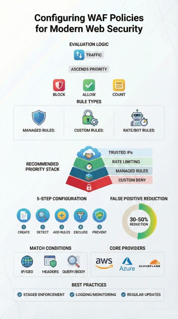 Infographic showing configuring waf policies rules with evaluation logic, rule types, and best practices for security